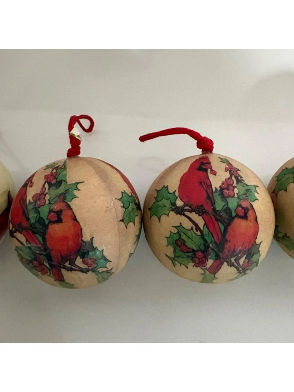 Old Fashioned Christmas Red Cardinal Paper Mache Currier Ives Ornaments Lot VTG